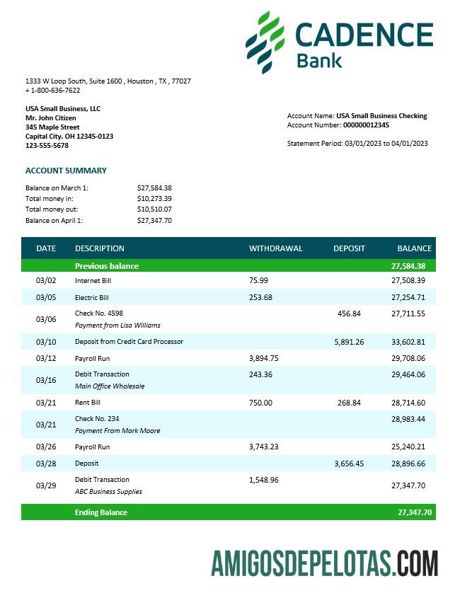 Baixável Cadence Bank Extrato de Conta Corrente Corporativa Modelo Word e PDF